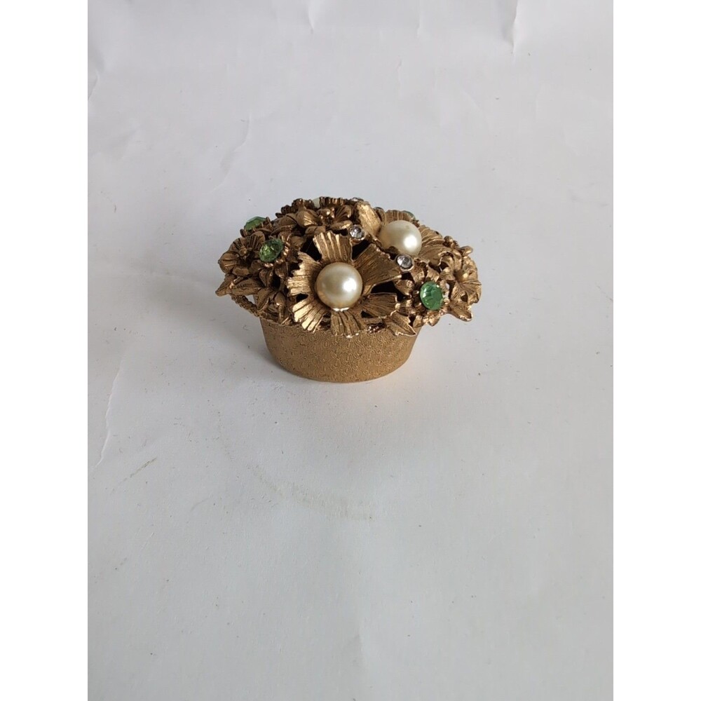 Vintage FLORENZA Flower Basket Ring Trinket Box - Pearls & Rhinestones Lid
